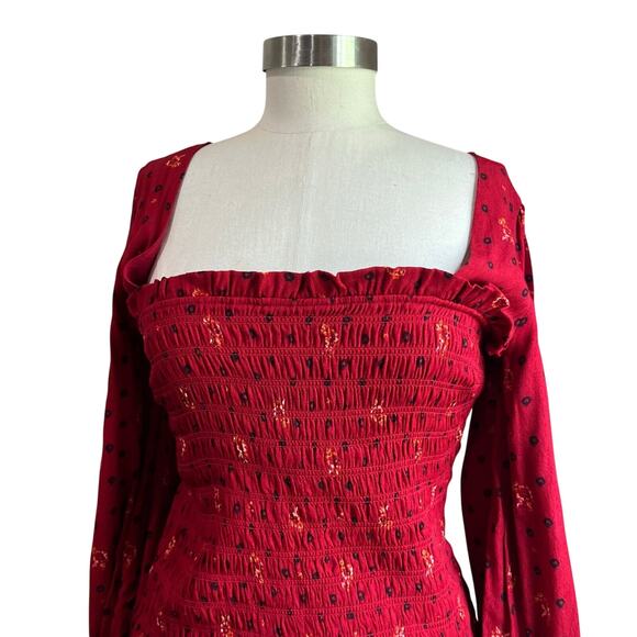 Free People Red Ruby Combo Two Faces Smocked Mini Dress Size Small - Picture 3 of 14